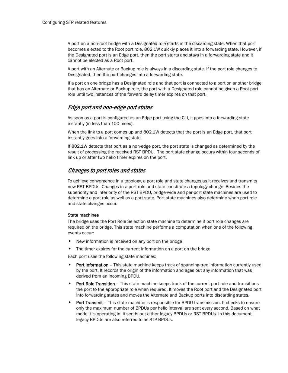 Edge port and non-edge port states, Changes to port roles and states | Brocade TurboIron 24X Series Configuration Guide User Manual | Page 564 / 1116