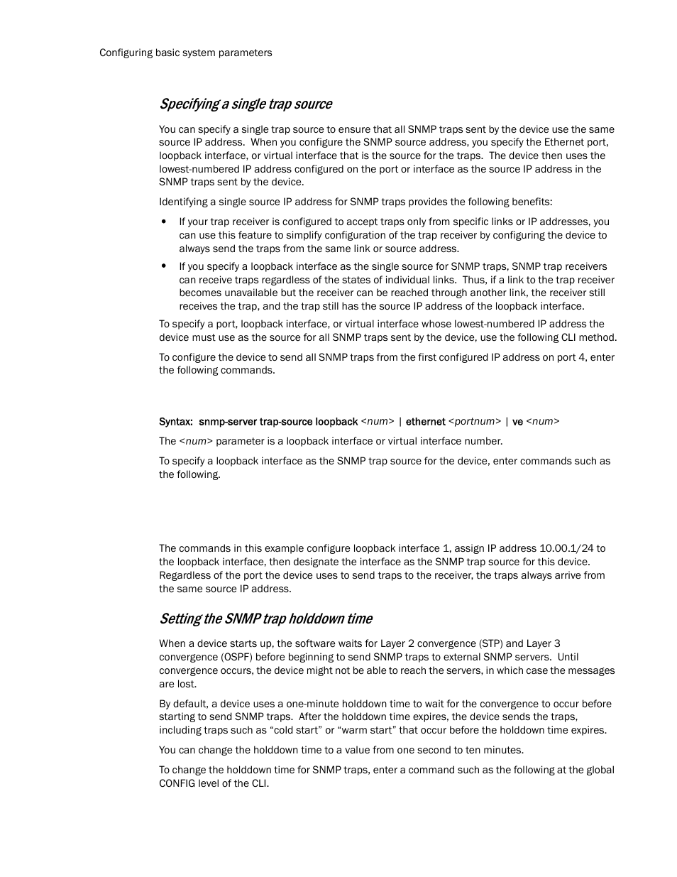Specifying a single trap source, Setting the snmp trap holddown time | Brocade TurboIron 24X Series Configuration Guide User Manual | Page 58 / 1116