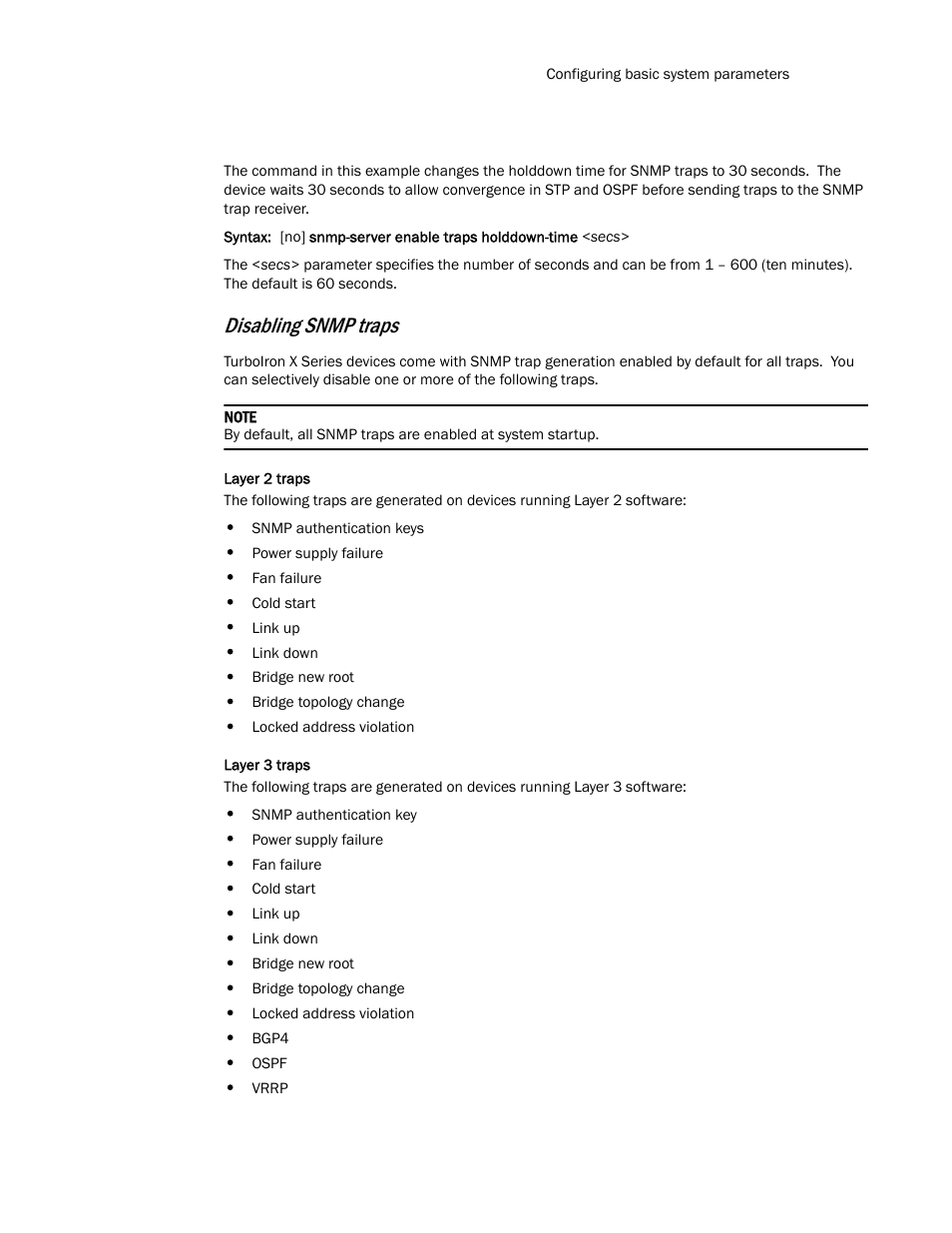 Disabling snmp traps | Brocade TurboIron 24X Series Configuration Guide User Manual | Page 59 / 1116
