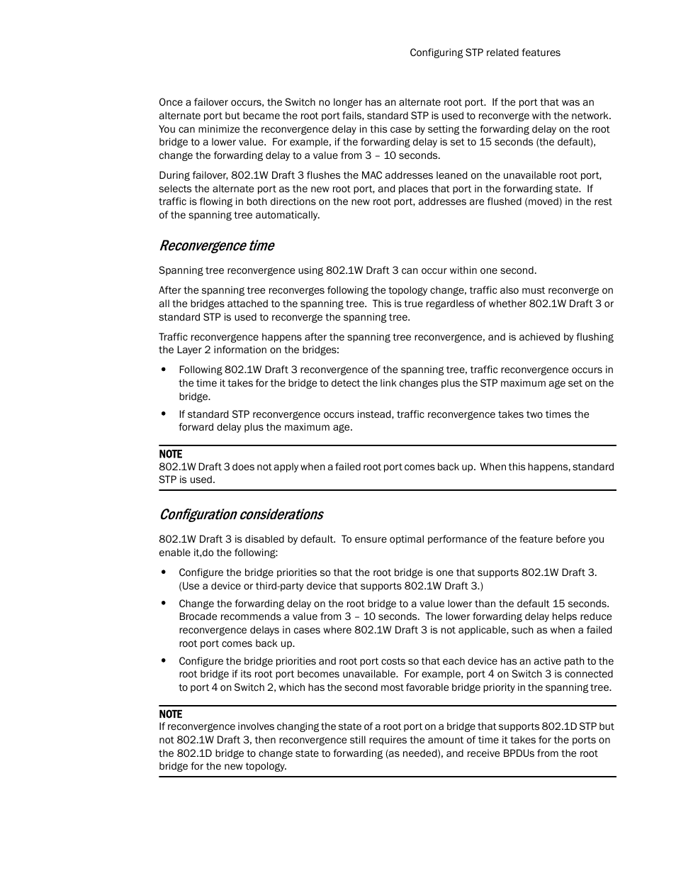 Reconvergence time, Configuration considerations | Brocade TurboIron 24X Series Configuration Guide User Manual | Page 599 / 1116