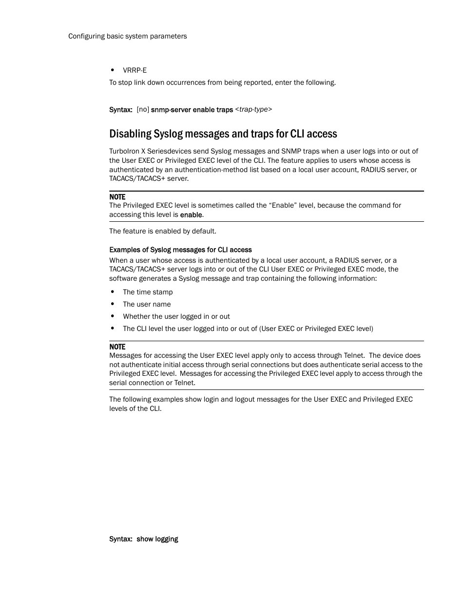 Disabling syslog messages and traps for cli access | Brocade TurboIron 24X Series Configuration Guide User Manual | Page 60 / 1116
