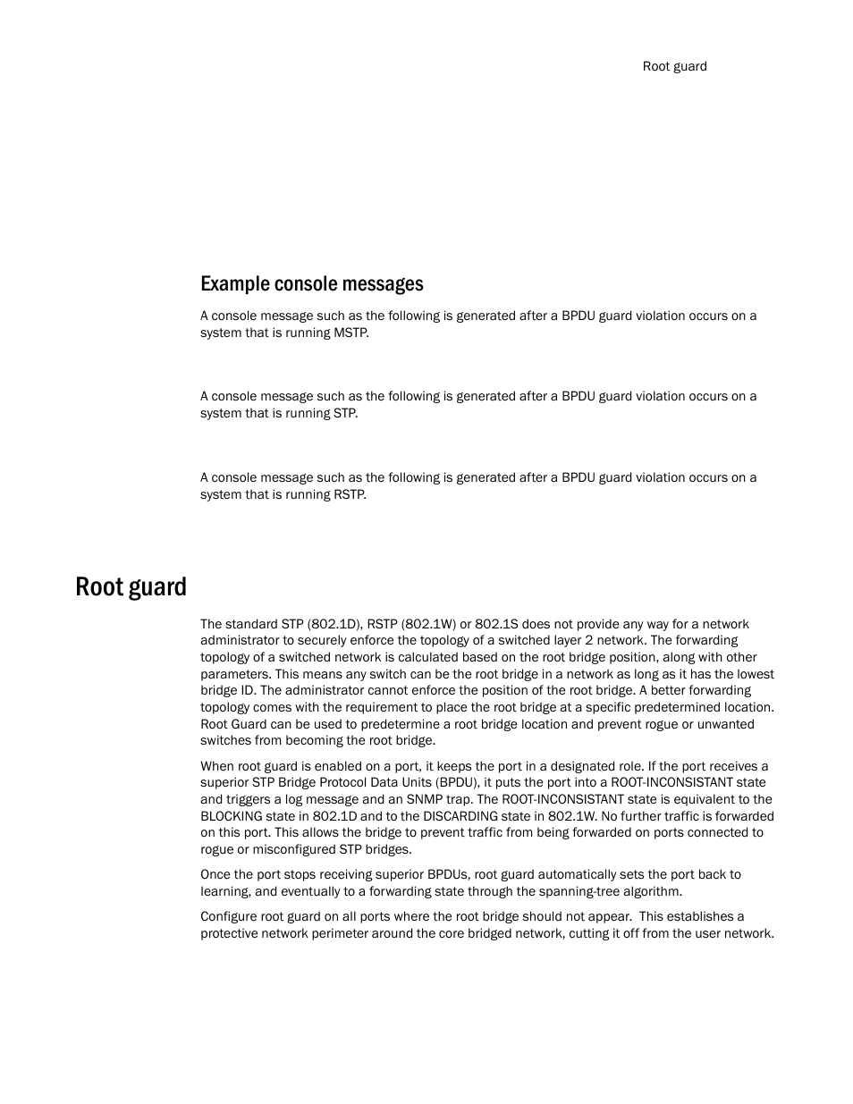 Example console messages, Root guard | Brocade TurboIron 24X Series Configuration Guide User Manual | Page 611 / 1116