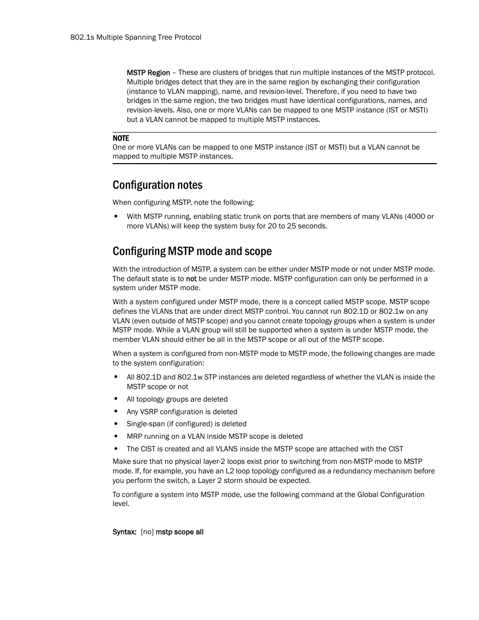 Configuration notes, Configuring mstp mode and scope | Brocade TurboIron 24X Series Configuration Guide User Manual | Page 614 / 1116