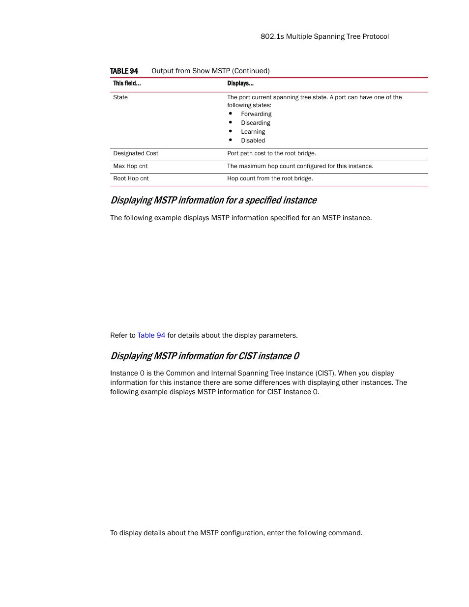 Displaying mstp information for cist instance 0 | Brocade TurboIron 24X Series Configuration Guide User Manual | Page 623 / 1116
