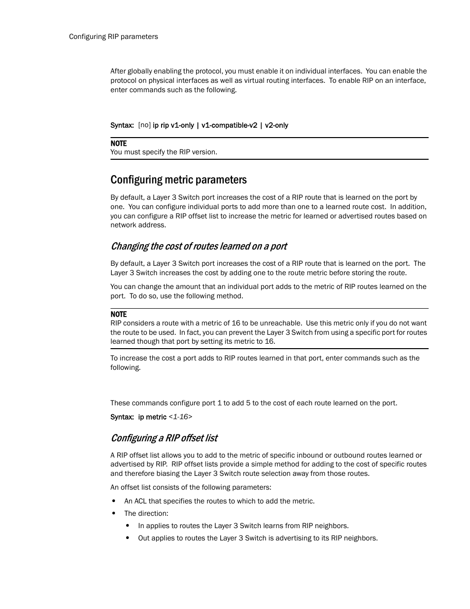 Configuring metric parameters, Changing the cost of routes learned on a port, Configuring a rip offset list | Brocade TurboIron 24X Series Configuration Guide User Manual | Page 628 / 1116