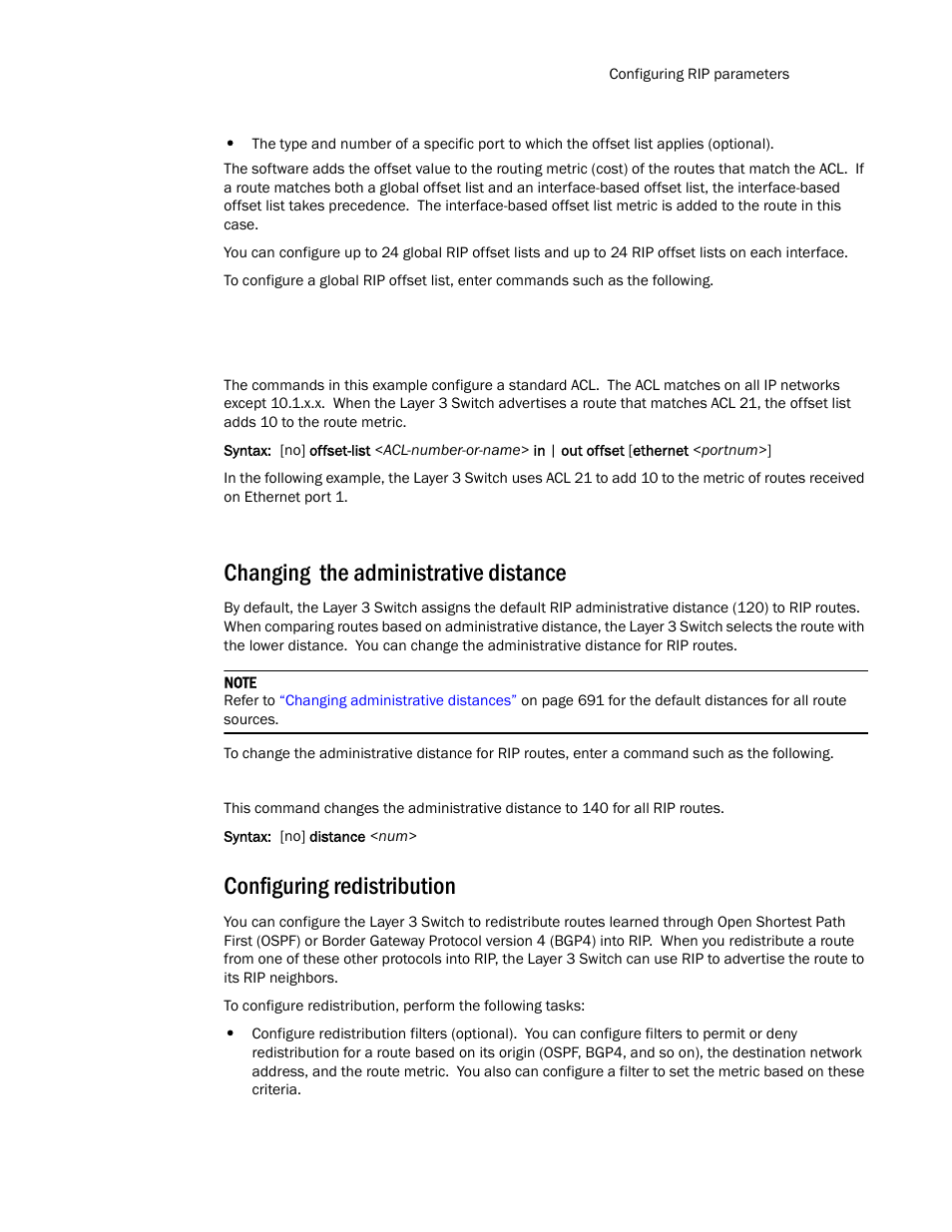 Changing the administrative distance, Configuring redistribution | Brocade TurboIron 24X Series Configuration Guide User Manual | Page 629 / 1116