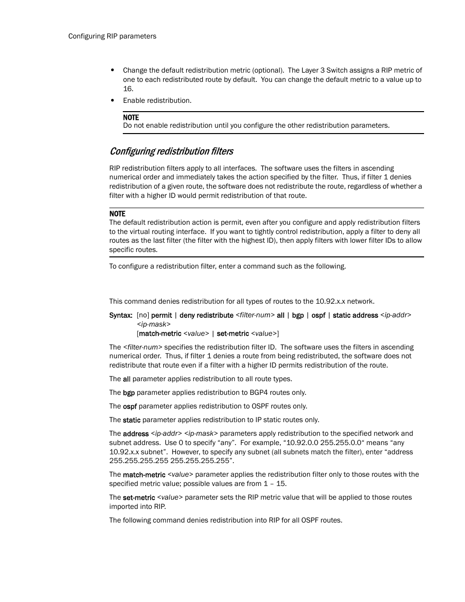 Configuring redistribution filters | Brocade TurboIron 24X Series Configuration Guide User Manual | Page 630 / 1116