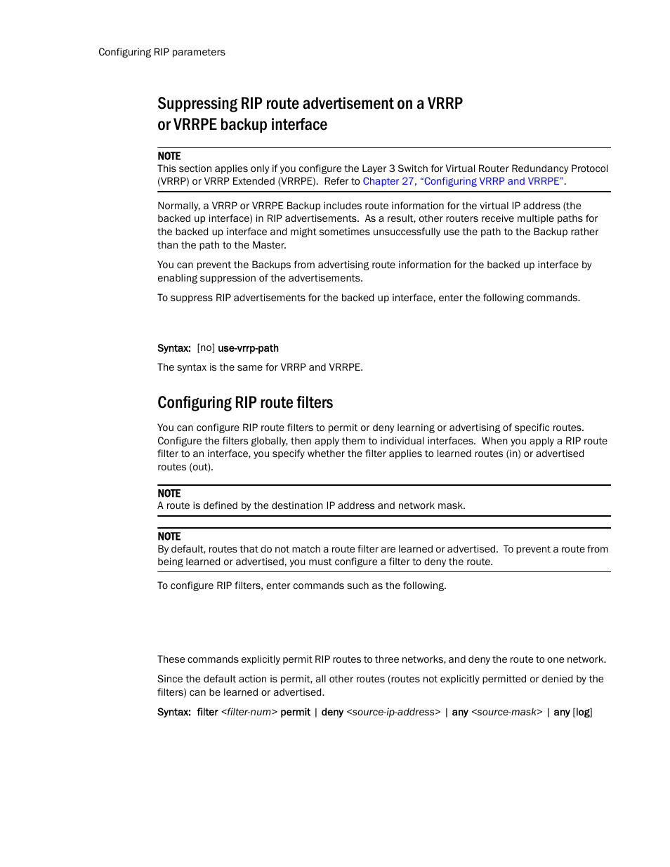 Configuring rip route filters | Brocade TurboIron 24X Series Configuration Guide User Manual | Page 634 / 1116