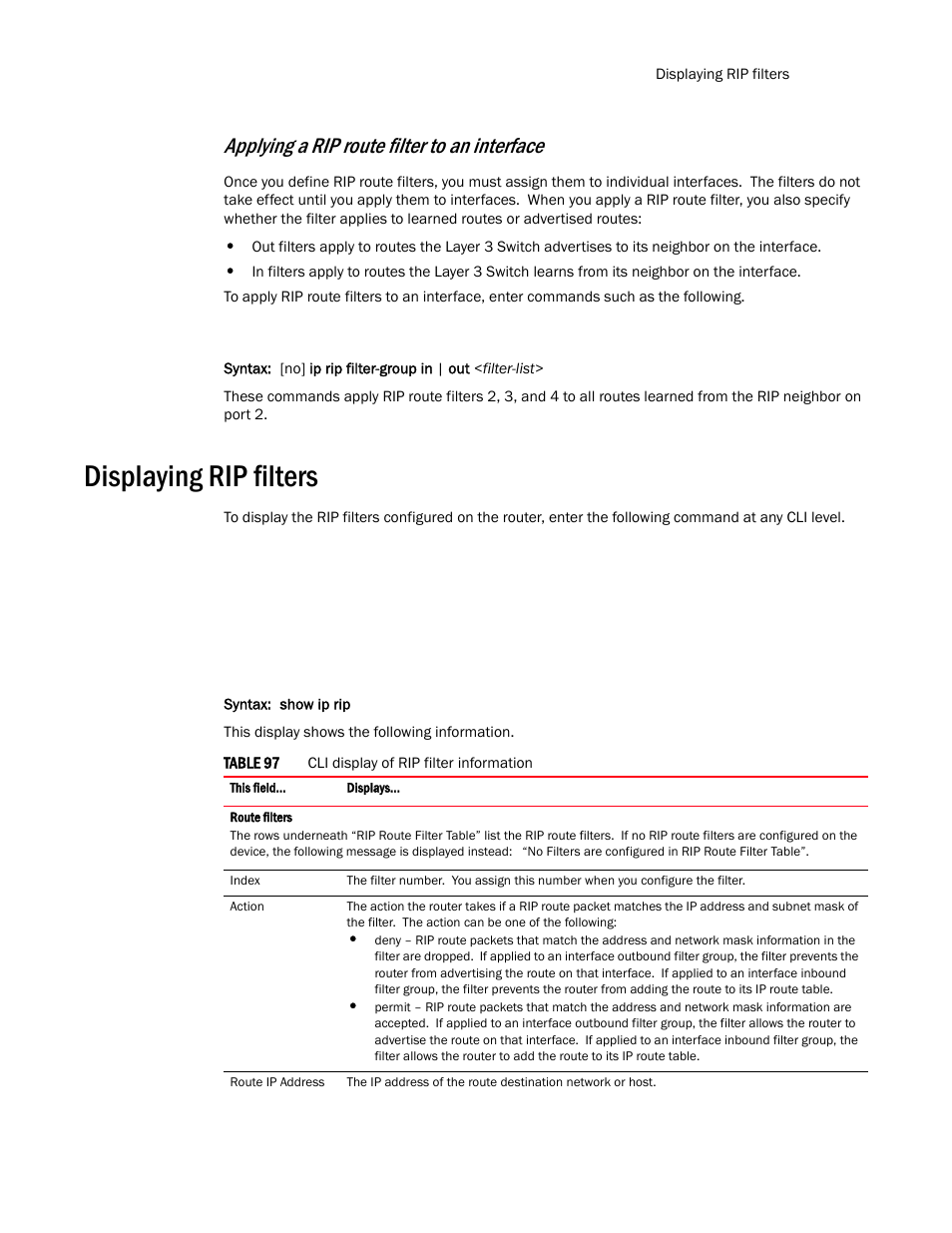 Displaying rip filters, Applying a rip route filter to an interface | Brocade TurboIron 24X Series Configuration Guide User Manual | Page 635 / 1116