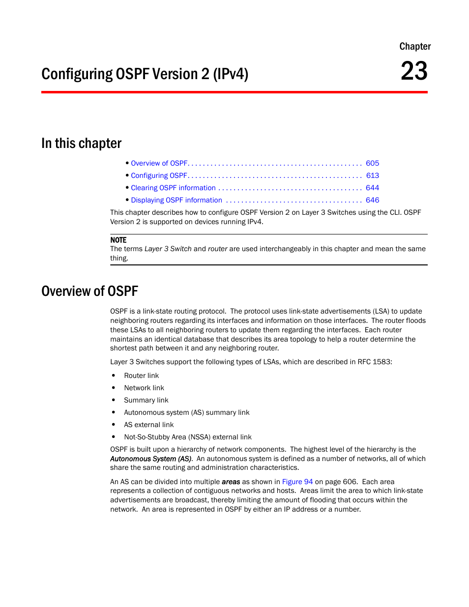 Configuring ospf version 2 (ipv4), Overview of ospf, Chapter 23 | Chapter 23, “configuring ospf version 2 (ipv4) | Brocade TurboIron 24X Series Configuration Guide User Manual | Page 639 / 1116