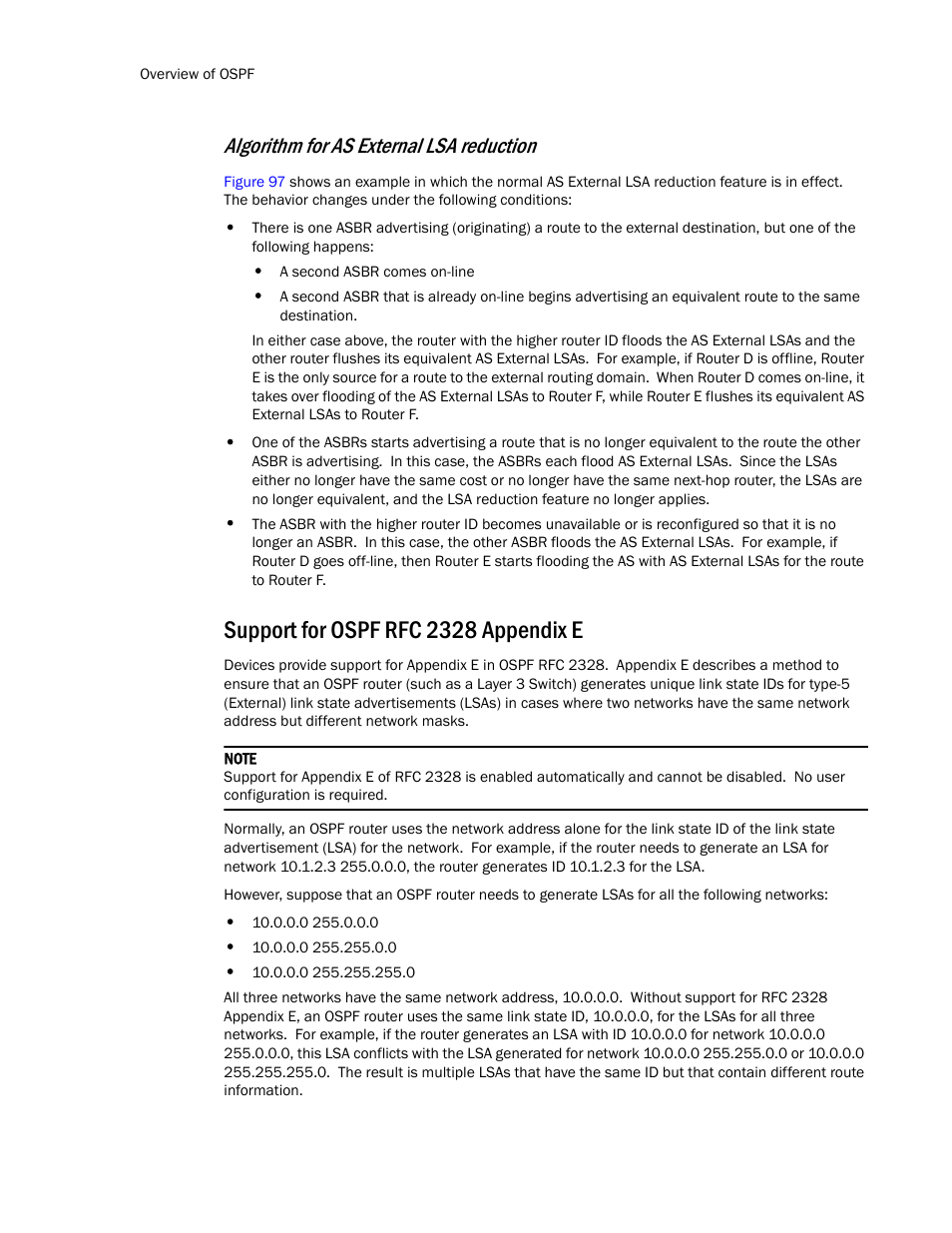 Support for ospf rfc 2328 appendix e, Algorithm for as external lsa reduction | Brocade TurboIron 24X Series Configuration Guide User Manual | Page 646 / 1116