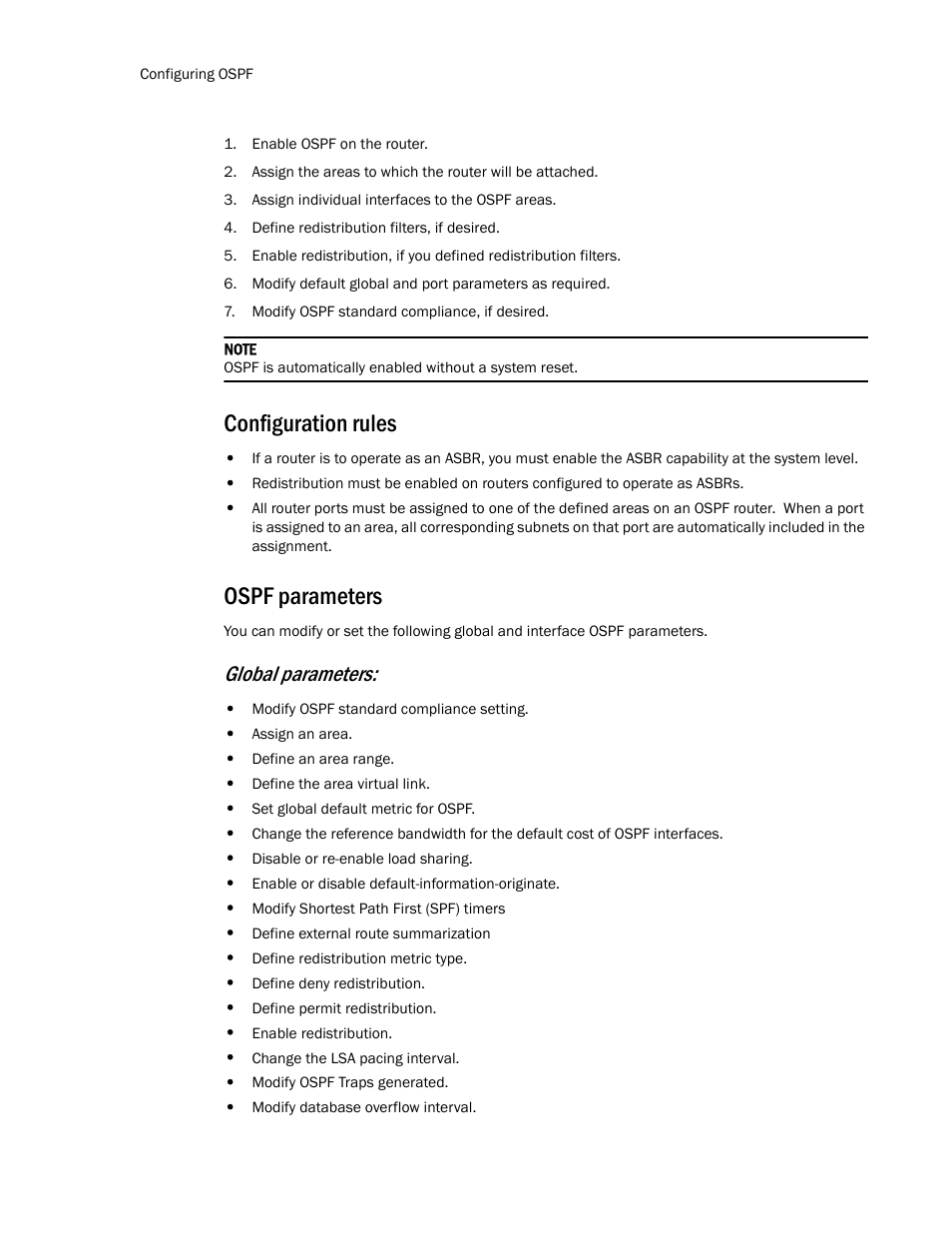 Configuration rules, Ospf parameters, Global parameters | Brocade TurboIron 24X Series Configuration Guide User Manual | Page 648 / 1116