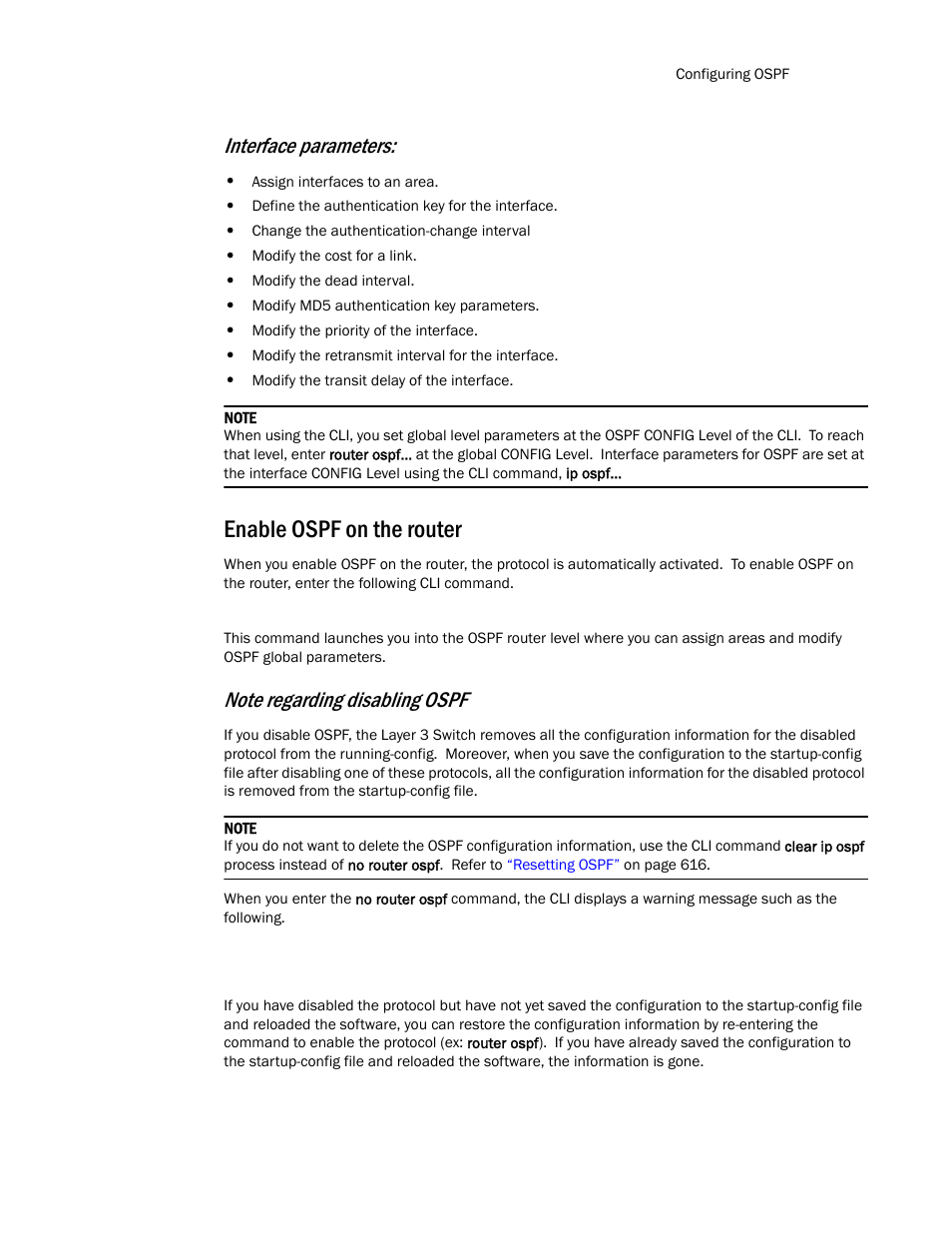Enable ospf on the router, Interface parameters | Brocade TurboIron 24X Series Configuration Guide User Manual | Page 649 / 1116