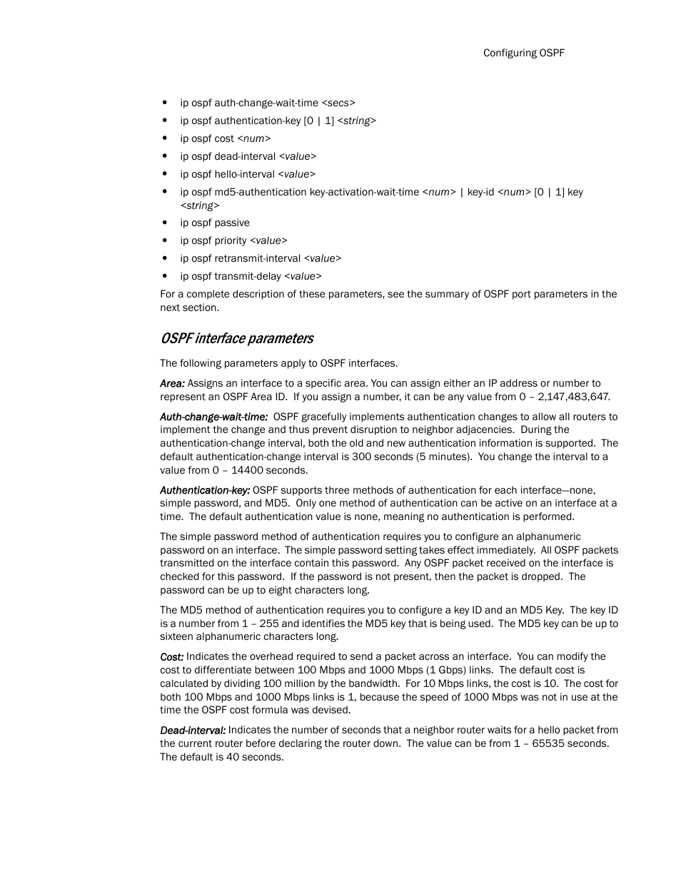 Ospf interface parameters | Brocade TurboIron 24X Series Configuration Guide User Manual | Page 655 / 1116