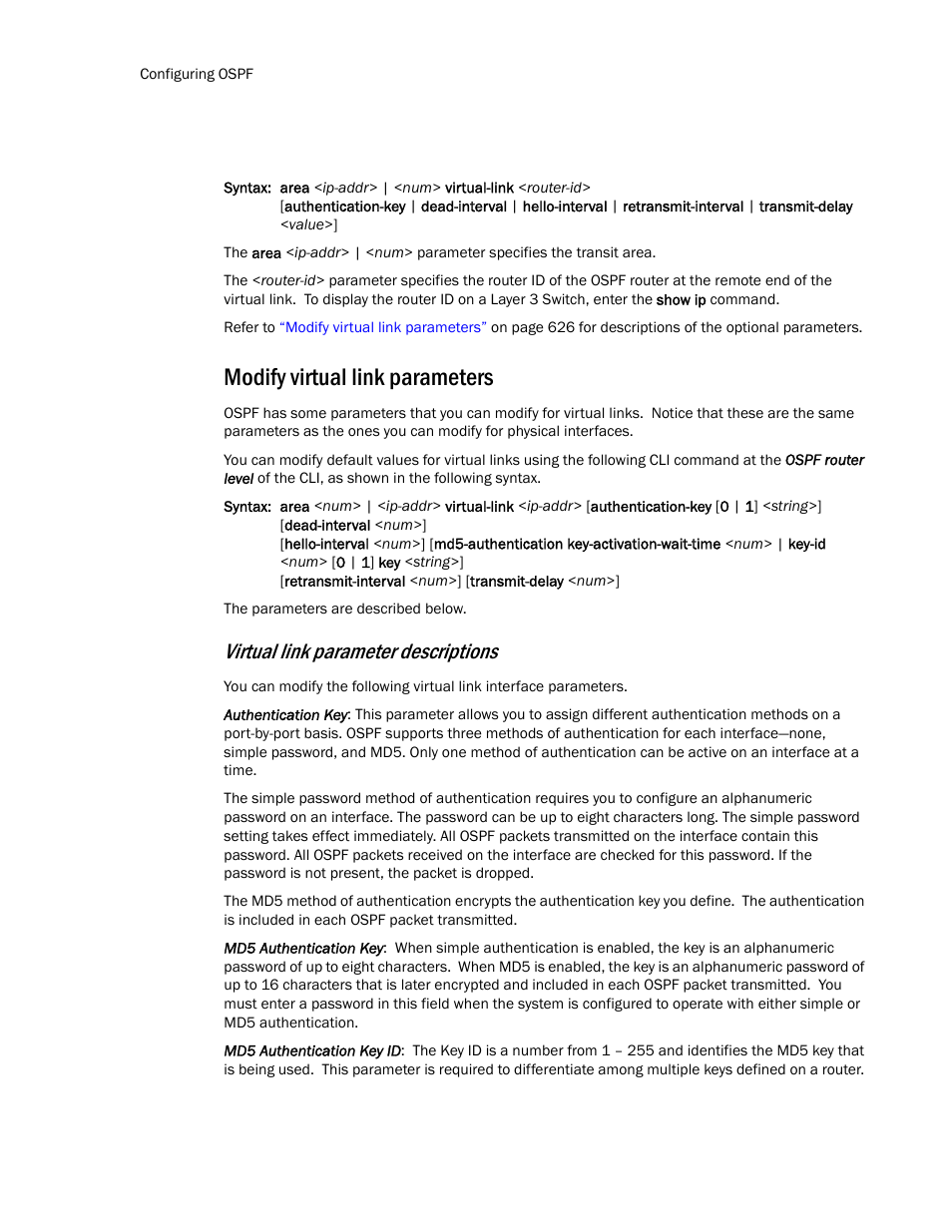 Modify virtual link parameters, Virtual link parameter descriptions | Brocade TurboIron 24X Series Configuration Guide User Manual | Page 660 / 1116