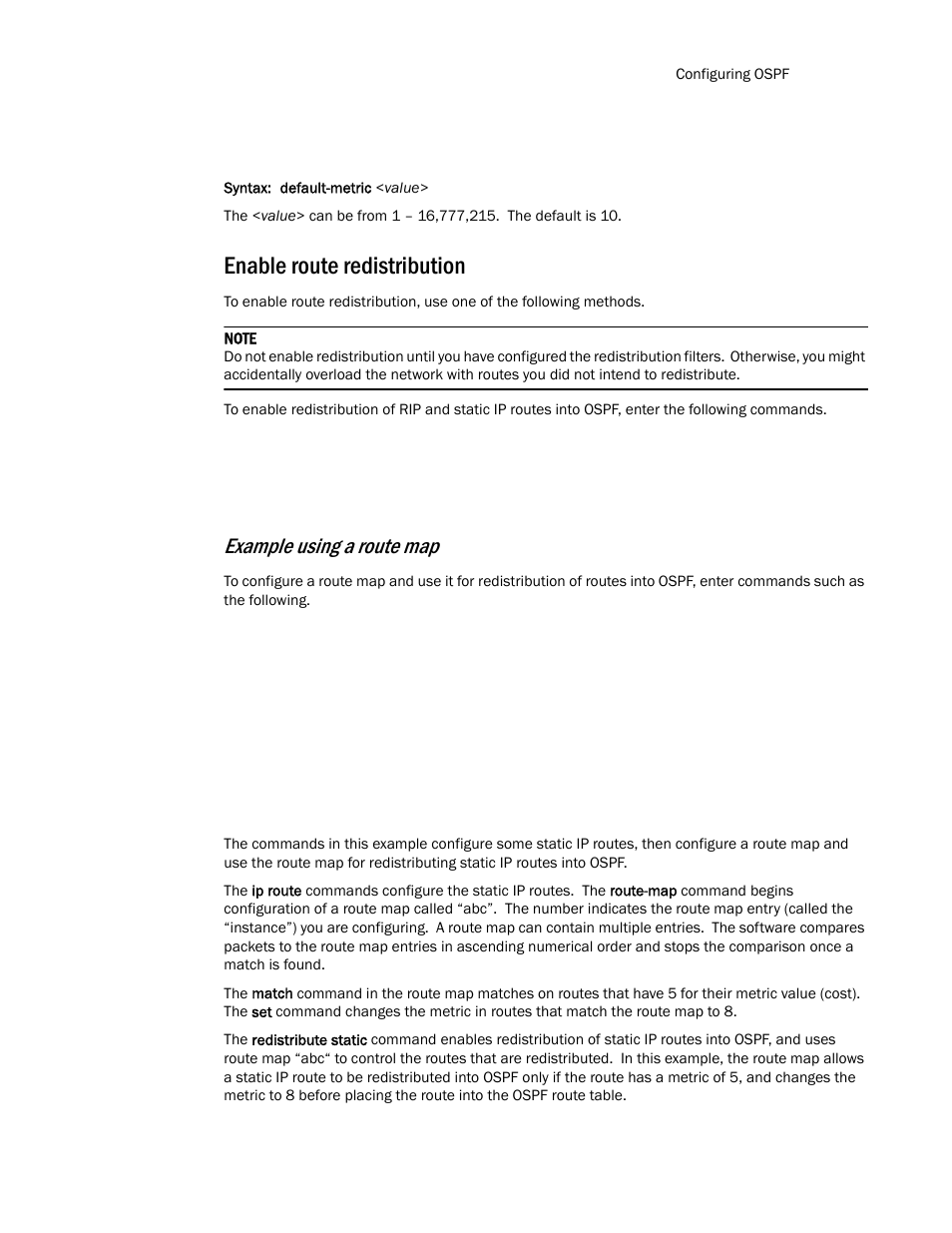 Enable route redistribution, Example using a route map | Brocade TurboIron 24X Series Configuration Guide User Manual | Page 669 / 1116