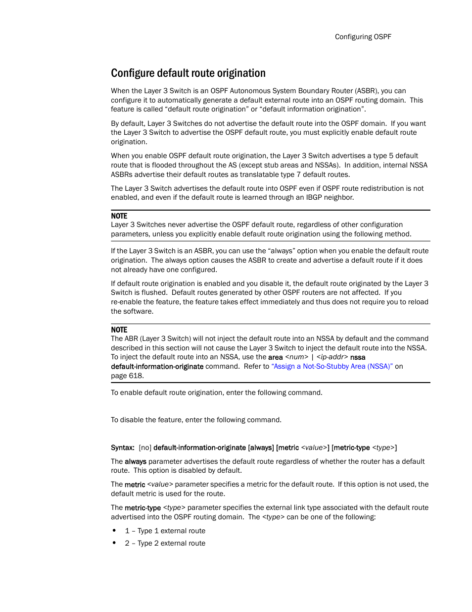 Configure default route origination | Brocade TurboIron 24X Series Configuration Guide User Manual | Page 673 / 1116