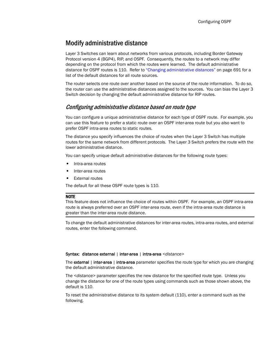 Modify administrative distance | Brocade TurboIron 24X Series Configuration Guide User Manual | Page 675 / 1116