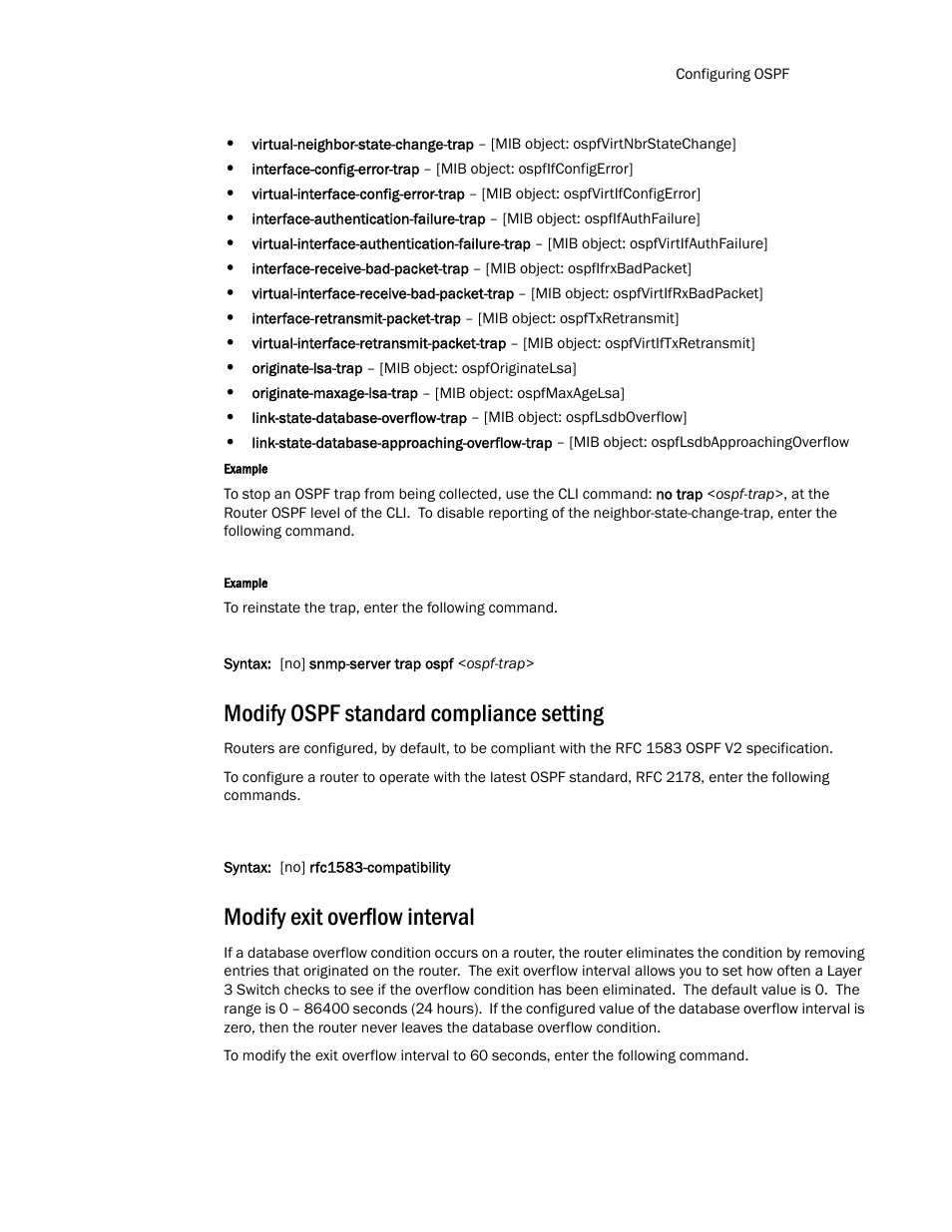 Modify ospf standard compliance setting, Modify exit overflow interval, Modify ospf | Standard compliance setting | Brocade TurboIron 24X Series Configuration Guide User Manual | Page 677 / 1116