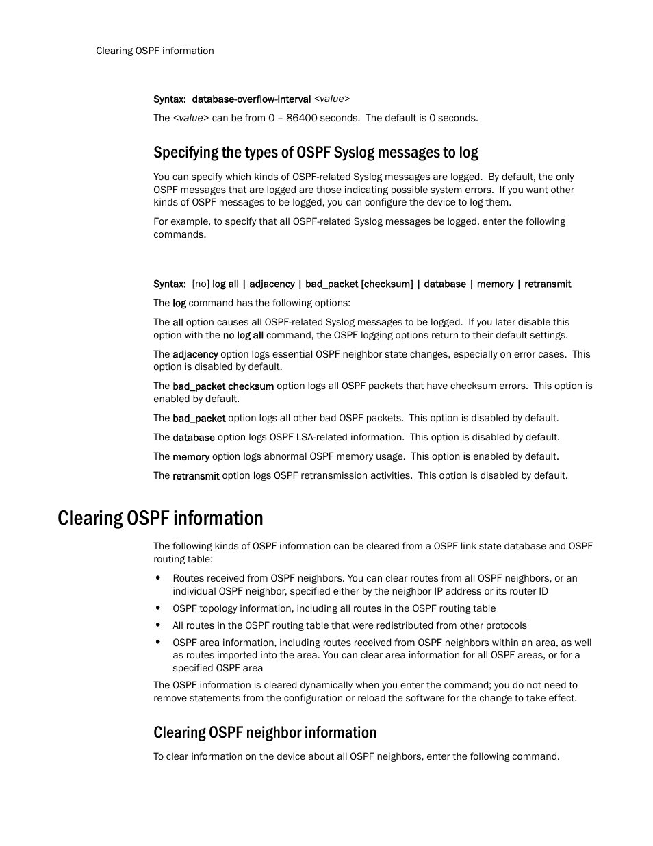 Clearing ospf information, Clearing ospf neighbor information | Brocade TurboIron 24X Series Configuration Guide User Manual | Page 678 / 1116