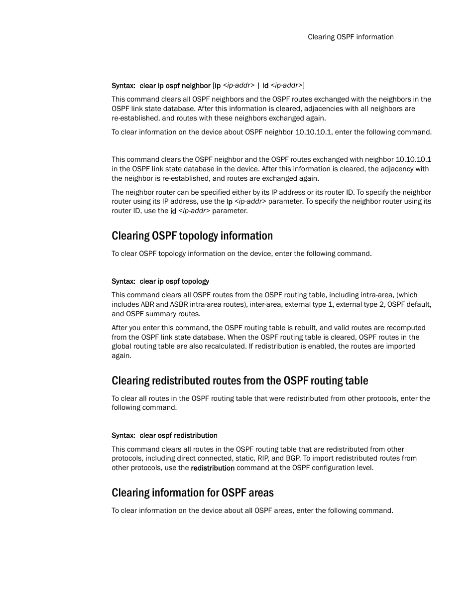 Clearing ospf topology information, Clearing information for ospf areas | Brocade TurboIron 24X Series Configuration Guide User Manual | Page 679 / 1116