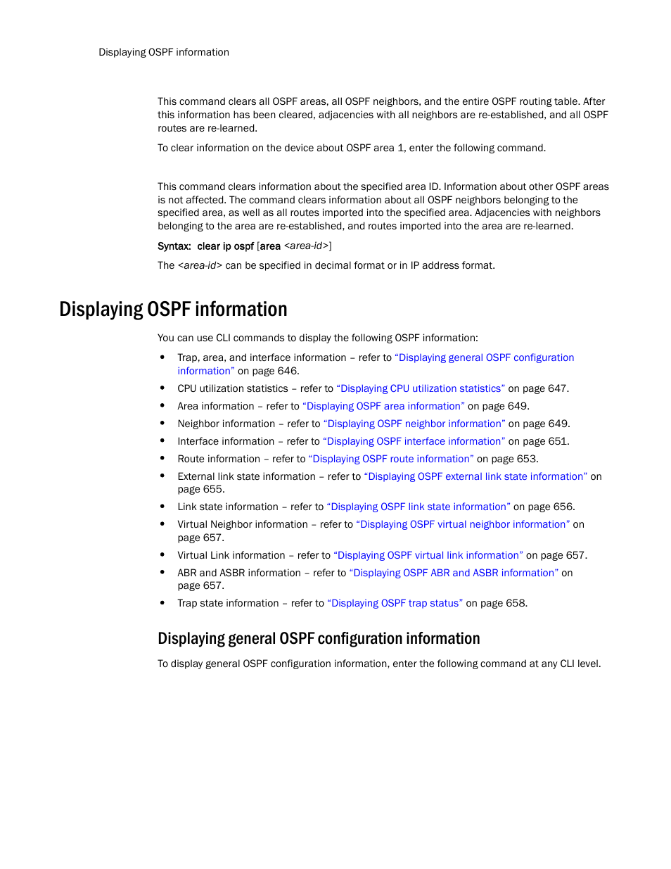 Displaying ospf information, Displaying general ospf configuration information | Brocade TurboIron 24X Series Configuration Guide User Manual | Page 680 / 1116