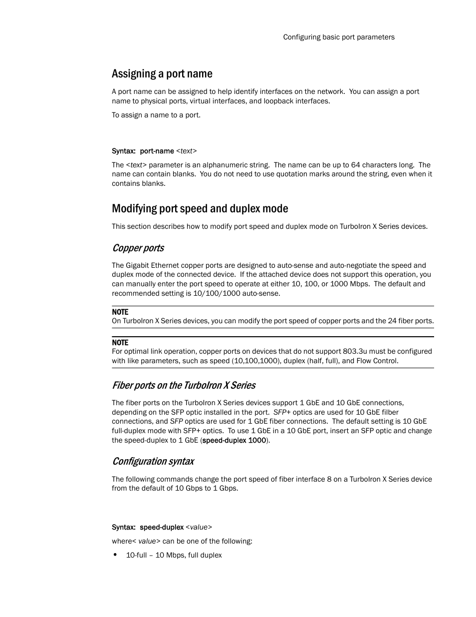 Assigning a port name, Modifying port speed and duplex mode, Copper ports | Fiber ports on the turboiron x series, Configuration syntax | Brocade TurboIron 24X Series Configuration Guide User Manual | Page 69 / 1116