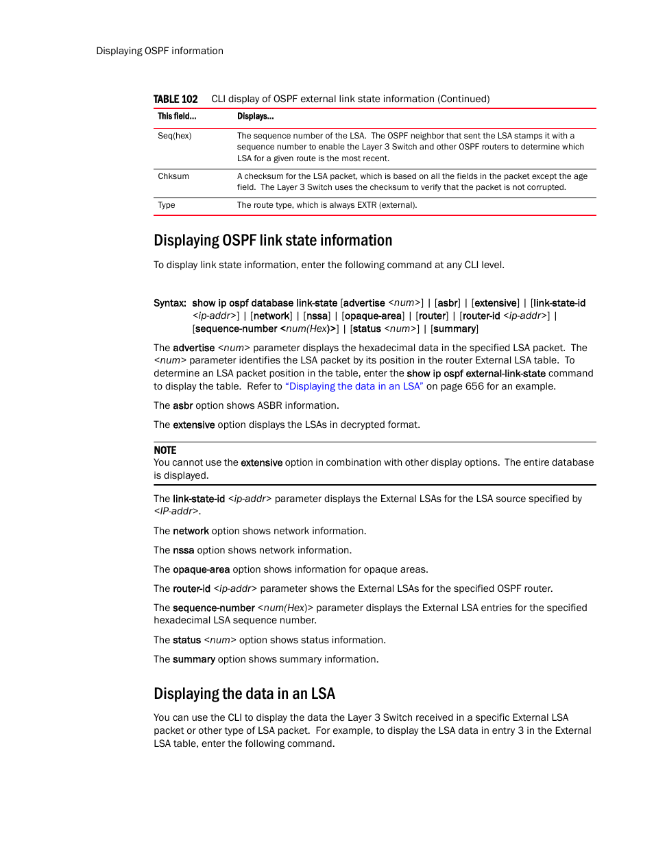 Displaying ospf link state information, Displaying the data in an lsa | Brocade TurboIron 24X Series Configuration Guide User Manual | Page 690 / 1116