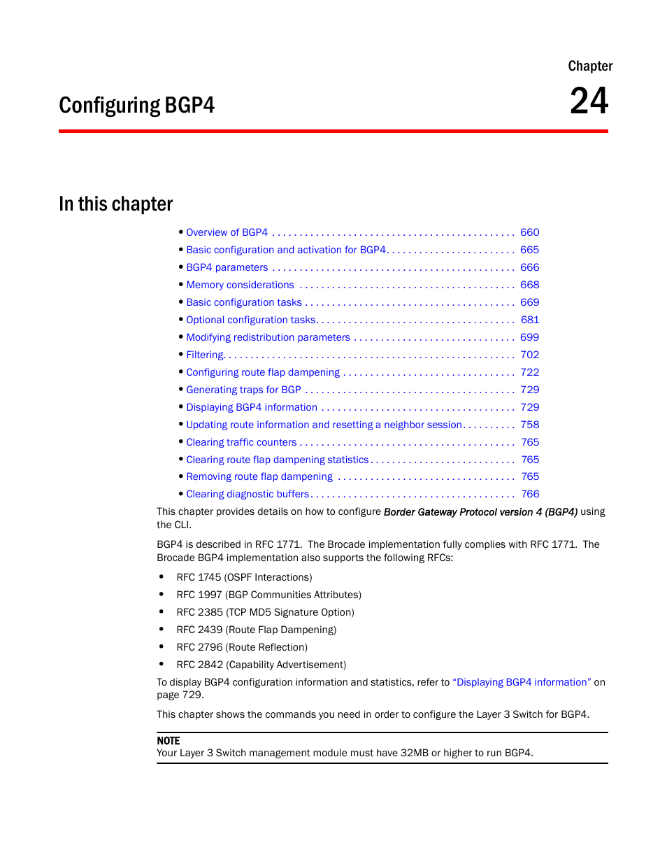Configuring bgp4, Chapter 24, Chapter | Brocade TurboIron 24X Series Configuration Guide User Manual | Page 693 / 1116