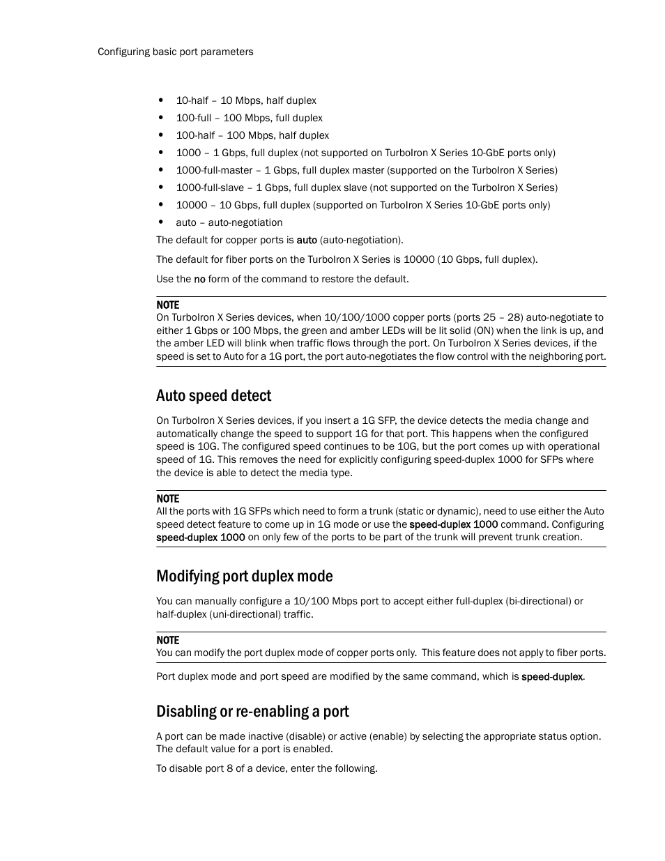 Auto speed detect, Modifying port duplex mode, Disabling or re-enabling a port | Brocade TurboIron 24X Series Configuration Guide User Manual | Page 70 / 1116