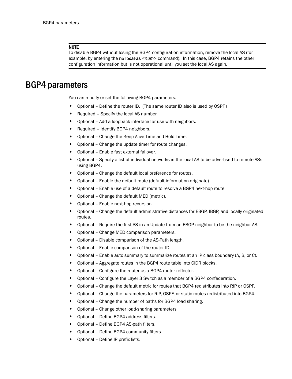 Bgp4 parameters | Brocade TurboIron 24X Series Configuration Guide User Manual | Page 700 / 1116