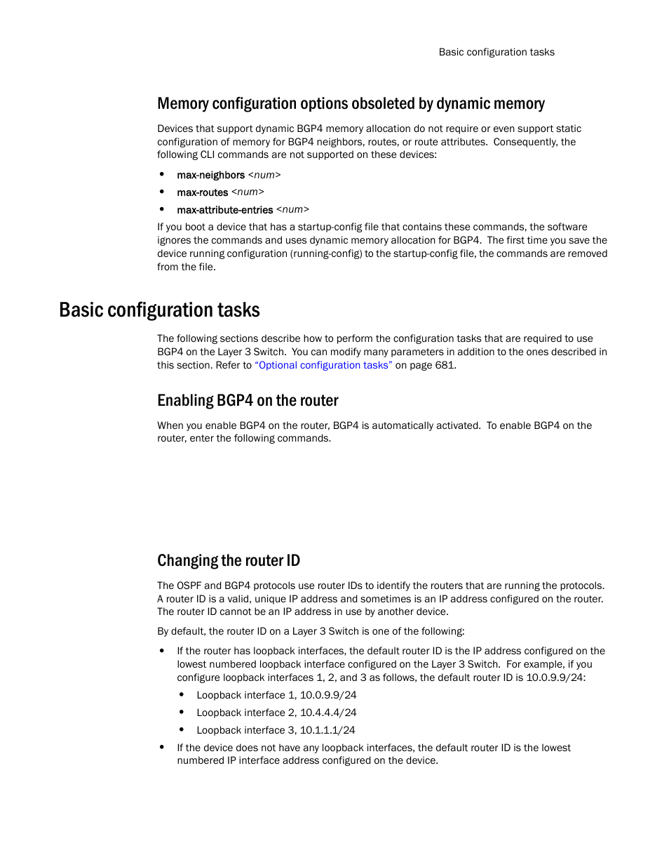 Basic configuration tasks, Enabling bgp4 on the router, Changing the router id | Brocade TurboIron 24X Series Configuration Guide User Manual | Page 703 / 1116