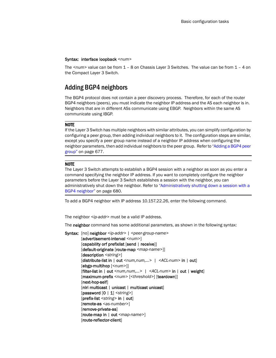 Adding bgp4 neighbors | Brocade TurboIron 24X Series Configuration Guide User Manual | Page 705 / 1116