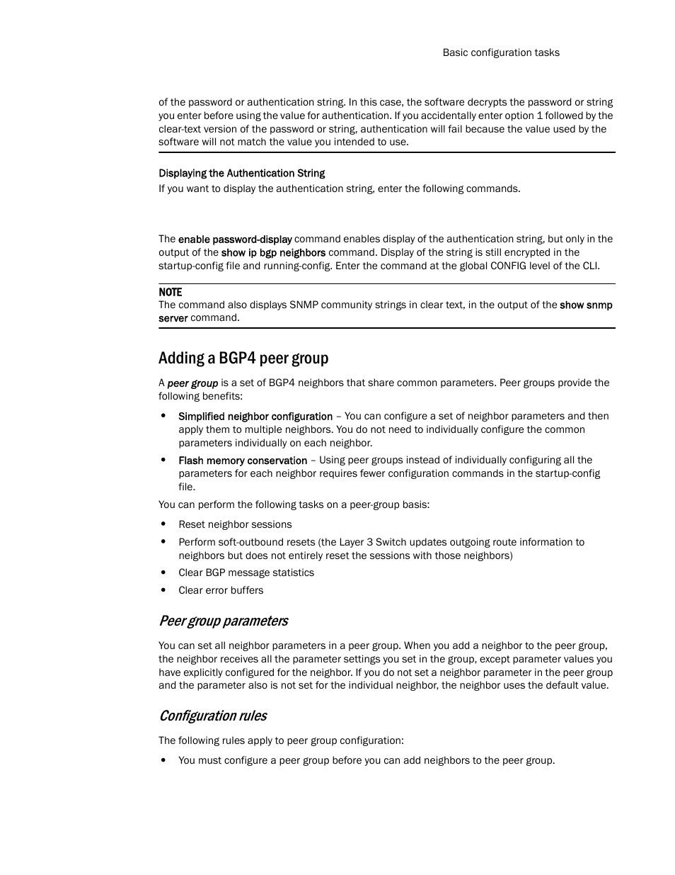 Adding a bgp4 peer group, Adding a bgp4 peer, Group | Adding a, Bgp4 peer group, Peer group parameters, Configuration rules | Brocade TurboIron 24X Series Configuration Guide User Manual | Page 711 / 1116