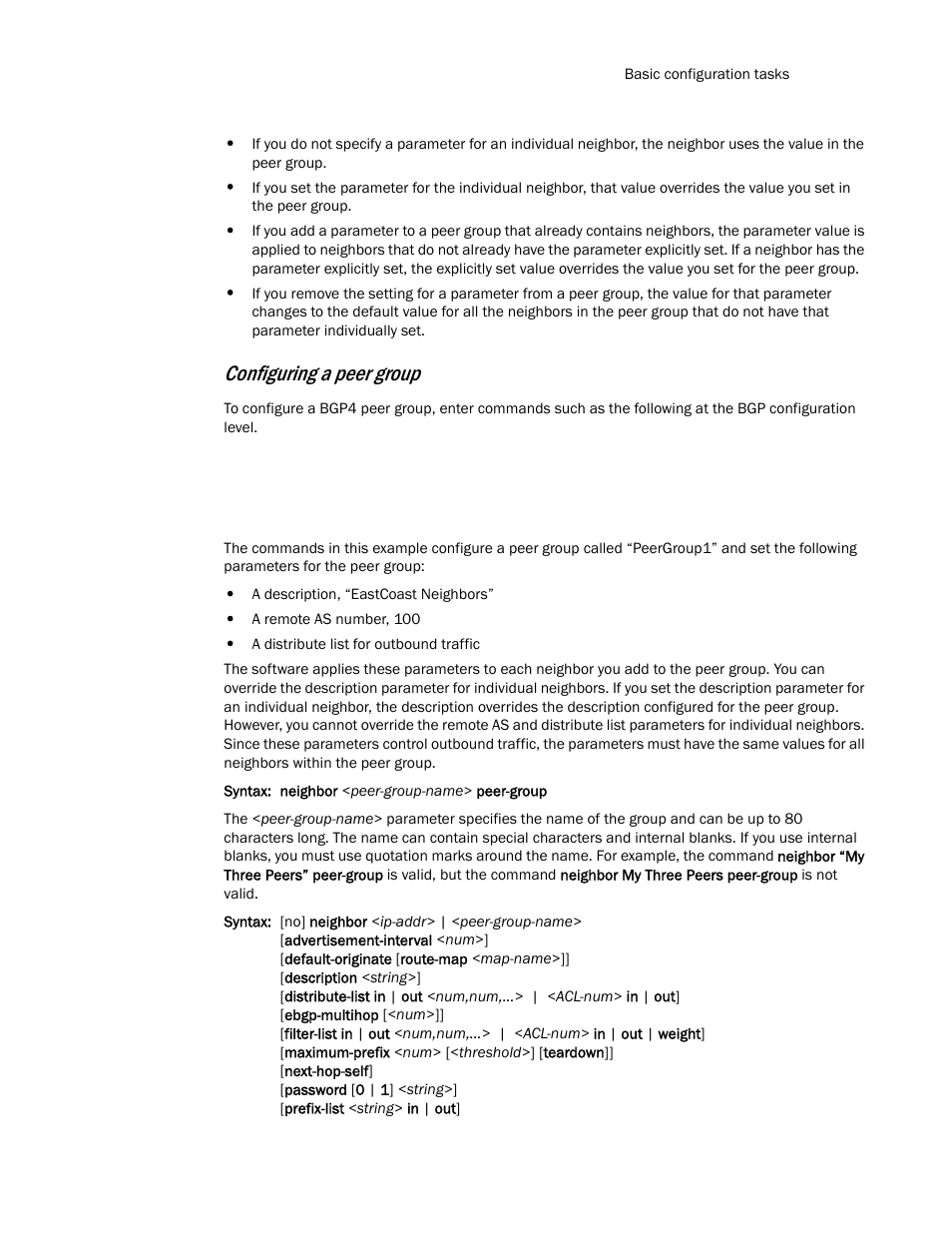 Configuring a peer group | Brocade TurboIron 24X Series Configuration Guide User Manual | Page 713 / 1116