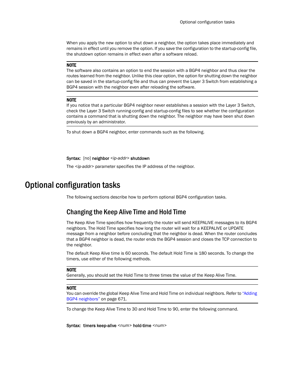 Optional configuration tasks, Changing the keep alive time and hold time | Brocade TurboIron 24X Series Configuration Guide User Manual | Page 715 / 1116