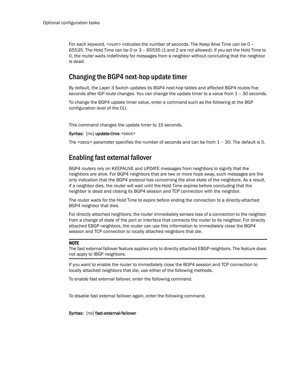 Changing the bgp4 next-hop update timer, Enabling fast external fallover | Brocade TurboIron 24X Series Configuration Guide User Manual | Page 716 / 1116
