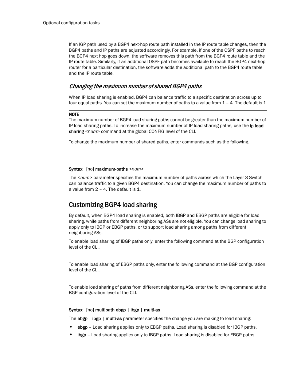 Customizing bgp4 load sharing, Changing the maximum number of shared bgp4 paths | Brocade TurboIron 24X Series Configuration Guide User Manual | Page 718 / 1116