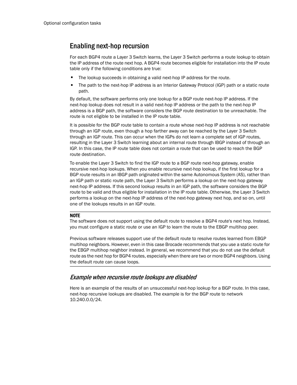 Enabling next-hop recursion, Enabling, Next-hop recursion | Example when recursive route lookups are disabled | Brocade TurboIron 24X Series Configuration Guide User Manual | Page 722 / 1116