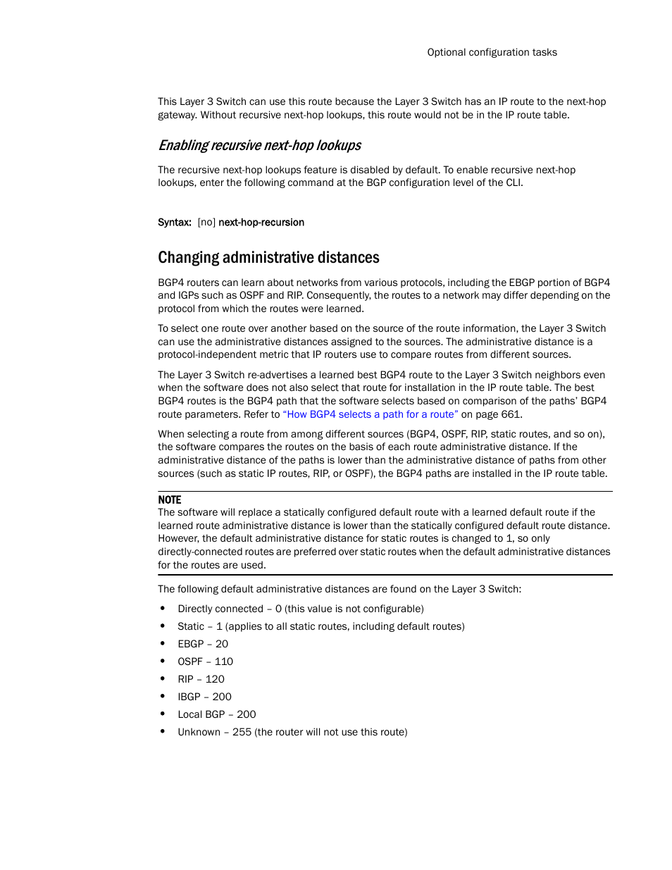 Changing administrative distances, Enabling recursive next-hop lookups | Brocade TurboIron 24X Series Configuration Guide User Manual | Page 725 / 1116