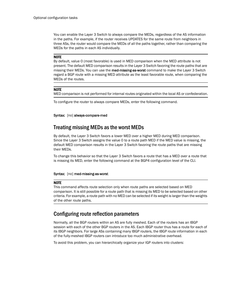Treating missing meds as the worst meds, Configuring route reflection parameters, Configuring | Route reflection parameters | Brocade TurboIron 24X Series Configuration Guide User Manual | Page 728 / 1116