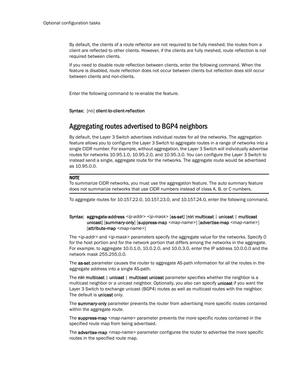 Aggregating routes advertised to bgp4 neighbors | Brocade TurboIron 24X Series Configuration Guide User Manual | Page 732 / 1116