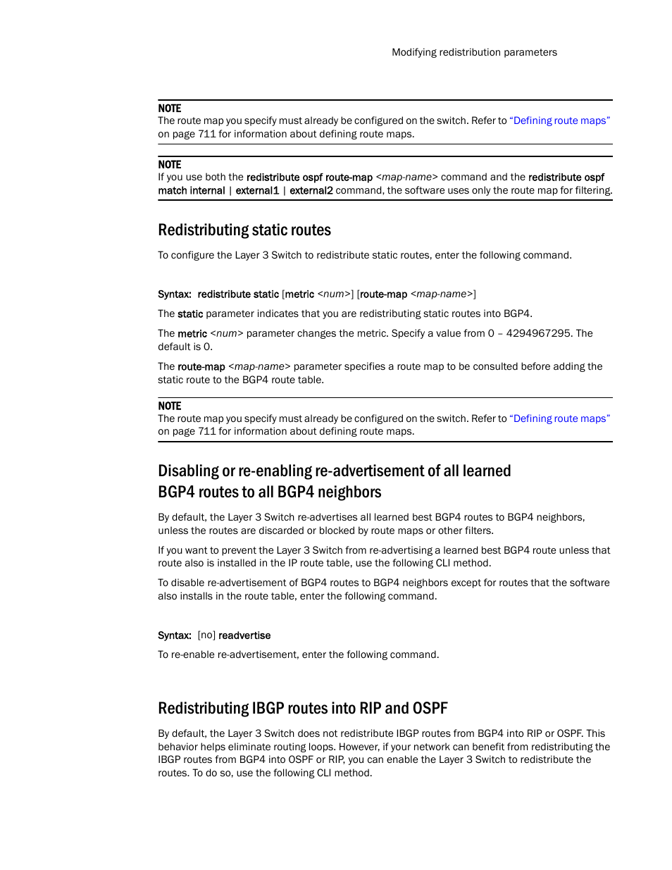 Redistributing static routes, Redistributing ibgp routes into rip and ospf | Brocade TurboIron 24X Series Configuration Guide User Manual | Page 735 / 1116