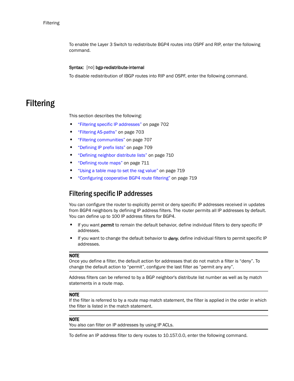 Filtering, Filtering specific ip addresses | Brocade TurboIron 24X Series Configuration Guide User Manual | Page 736 / 1116