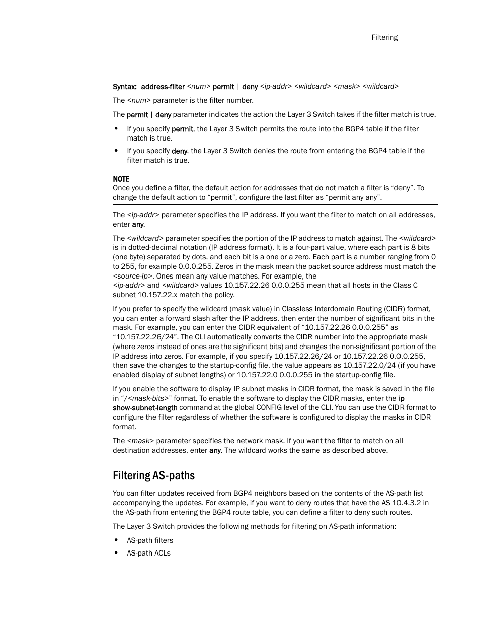 Filtering as-paths | Brocade TurboIron 24X Series Configuration Guide User Manual | Page 737 / 1116