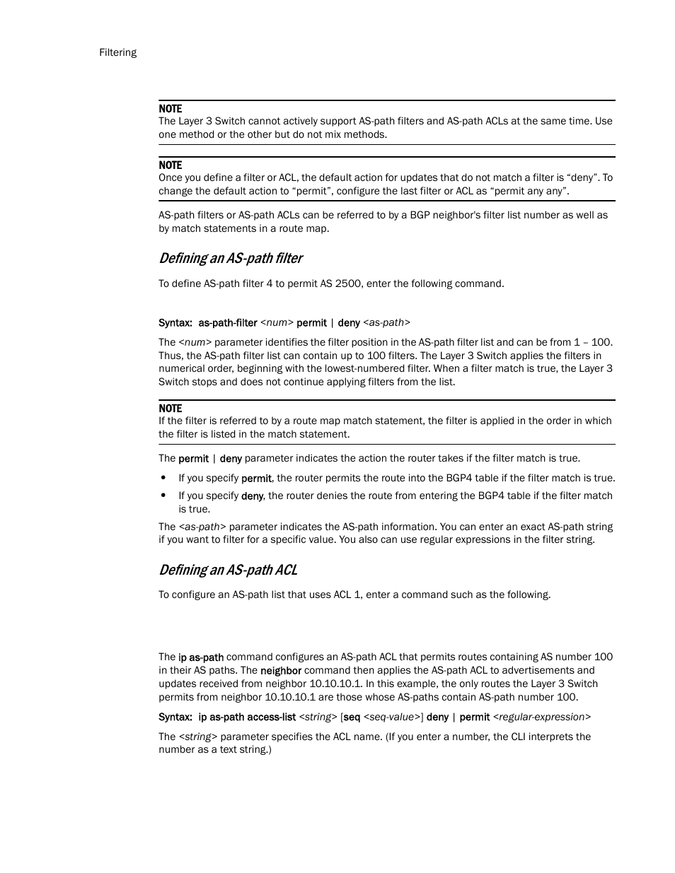 Defining an as-path filter, Defining an as-path acl | Brocade TurboIron 24X Series Configuration Guide User Manual | Page 738 / 1116