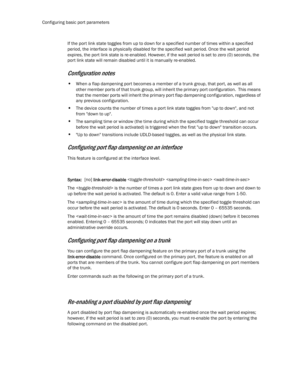 Configuring port flap dampening on an interface, Configuring port flap dampening on a trunk, Re-enabling a port disabled by port flap dampening | Brocade TurboIron 24X Series Configuration Guide User Manual | Page 74 / 1116