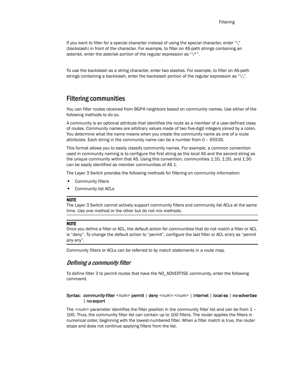 Filtering communities, Defining a community filter | Brocade TurboIron 24X Series Configuration Guide User Manual | Page 741 / 1116