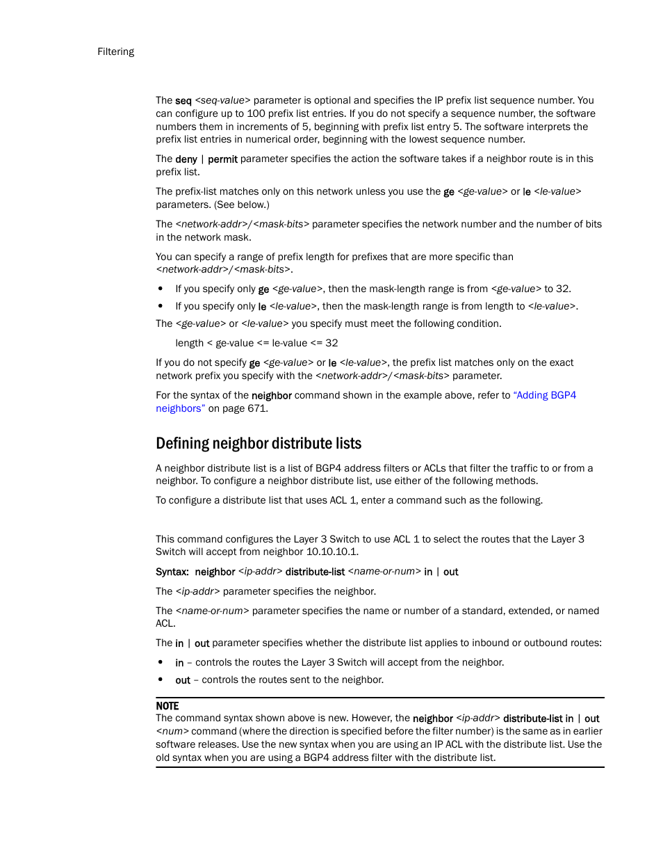 Defining neighbor distribute lists | Brocade TurboIron 24X Series Configuration Guide User Manual | Page 744 / 1116