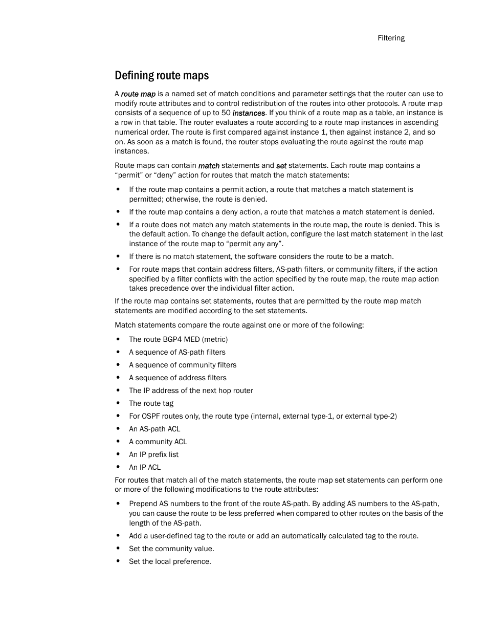 Defining route maps | Brocade TurboIron 24X Series Configuration Guide User Manual | Page 745 / 1116